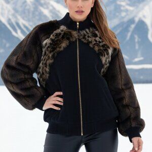 Luxury Blue Bomber Jacket with Brown Fur Accents